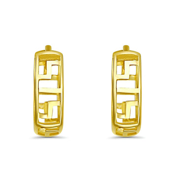 Solid 14K Yellow Gold 4mm Thickness Hoop Earrings Best Anniversary Birthday Gift for Her Greek Key